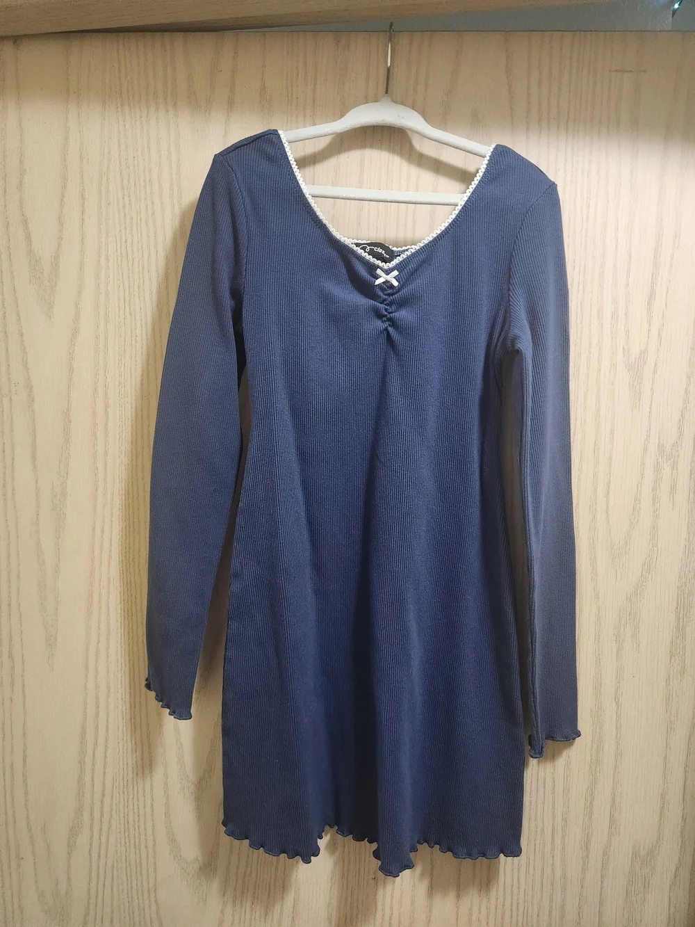art class Navy Long Sleeve Knit Dress with Lace Trim